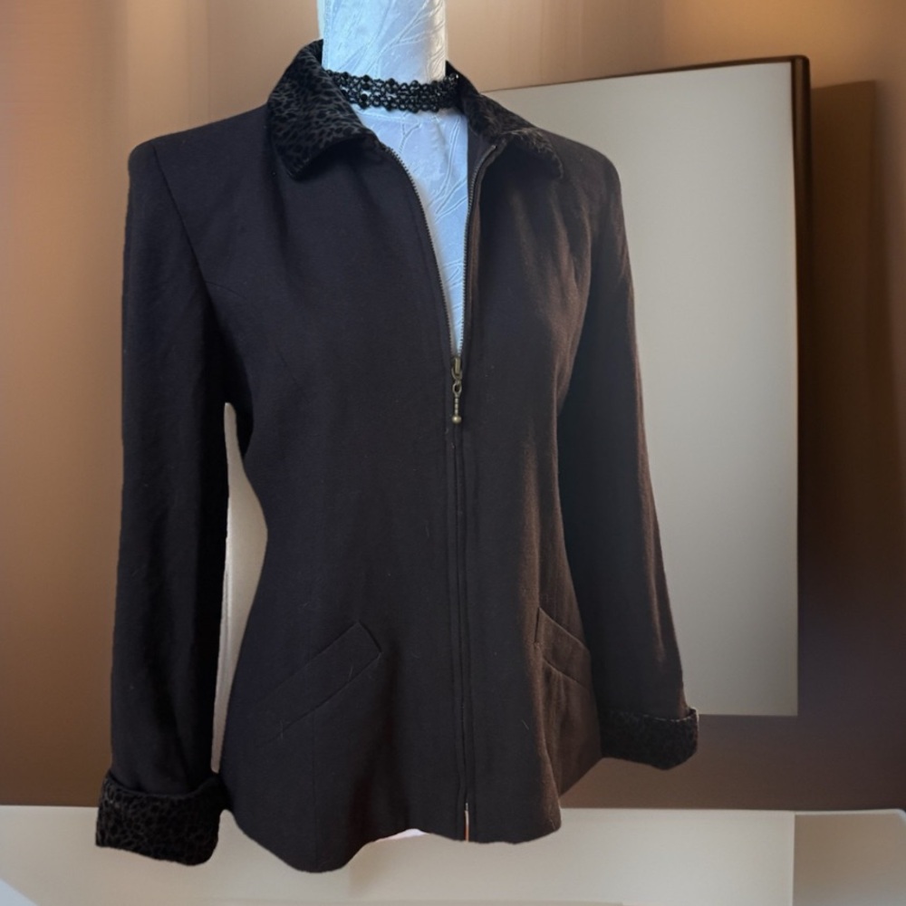 Vintage Brown Tailored Jacket with Leopard Collar and Cuffs size 3/4 Express